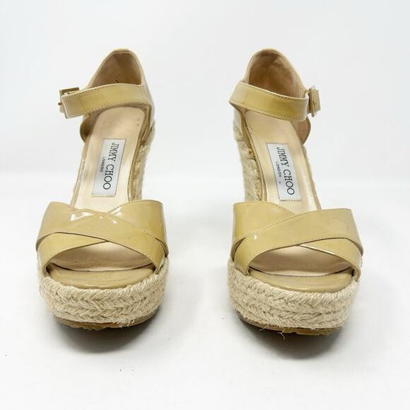 Jimmy Choo Phoenix Nude Patent Leather Espadrille Platform Wedge Sandals 37 (7) - Picture 3 of 8